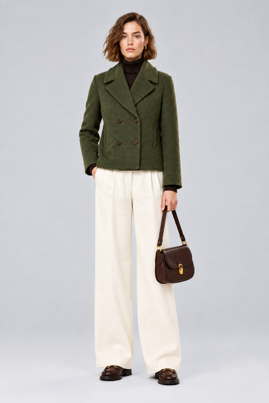 Rich & Royal Zweireihige Faux Shearling Jacke in Golden Moss