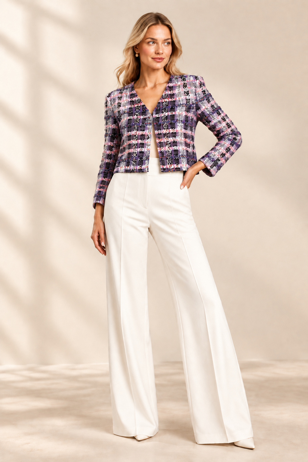 Rich & Royal Cropped Bouclé Jacke mit V-Ausschnitt in Evening Lilac
