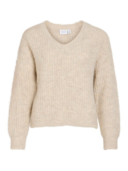 Vila Strickshirt V-Ausschnitt Langarm Strick Top Super Light Natural Melan