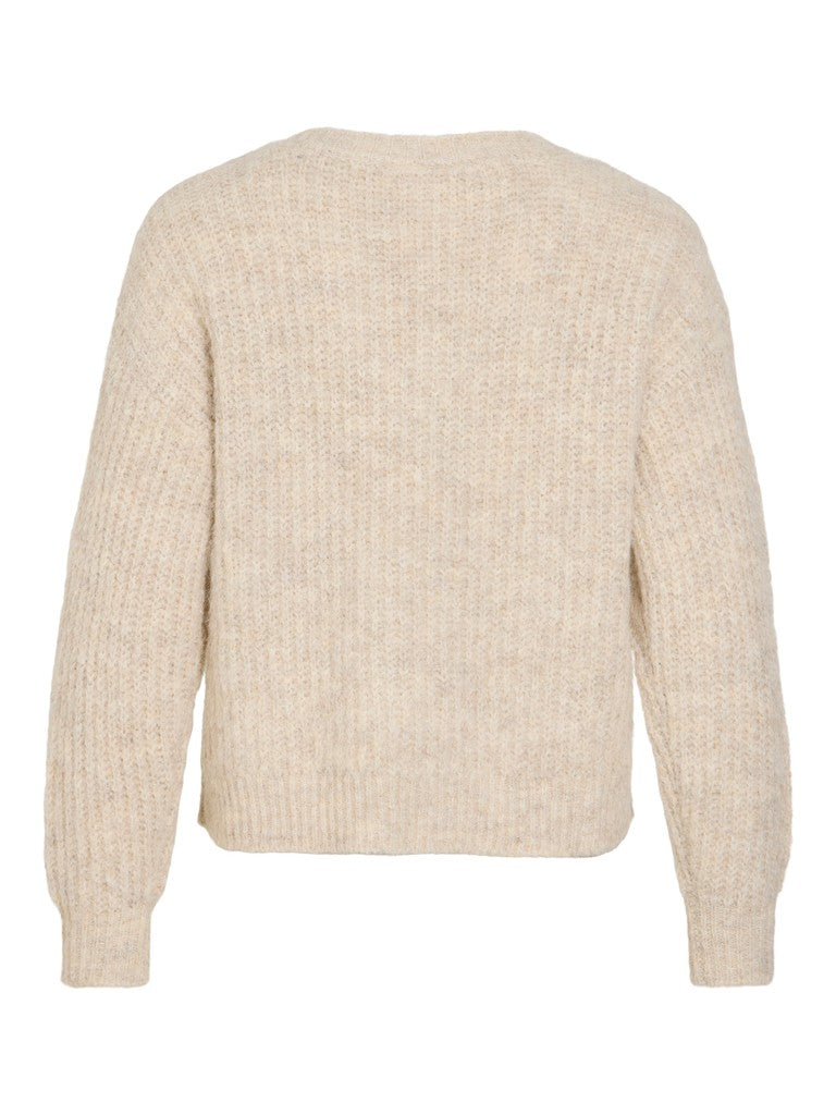 Vila Strickshirt V-Ausschnitt Langarm Strick Top Super Light Natural Melan