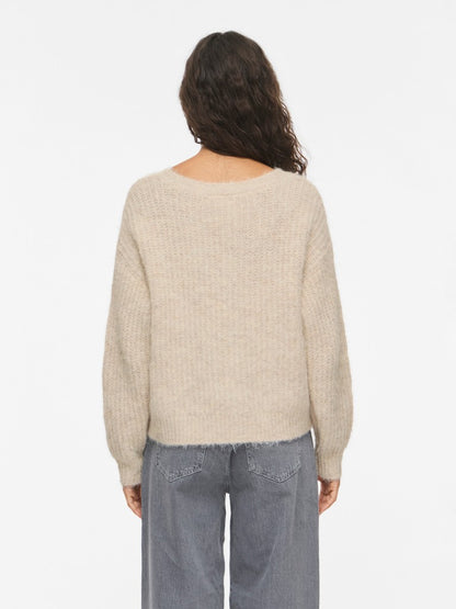 Vila Strickshirt V-Ausschnitt Langarm Strick Top Super Light Natural Melan