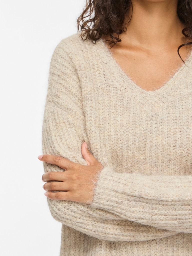 Vila Strickshirt V-Ausschnitt Langarm Strick Top Super Light Natural Melan