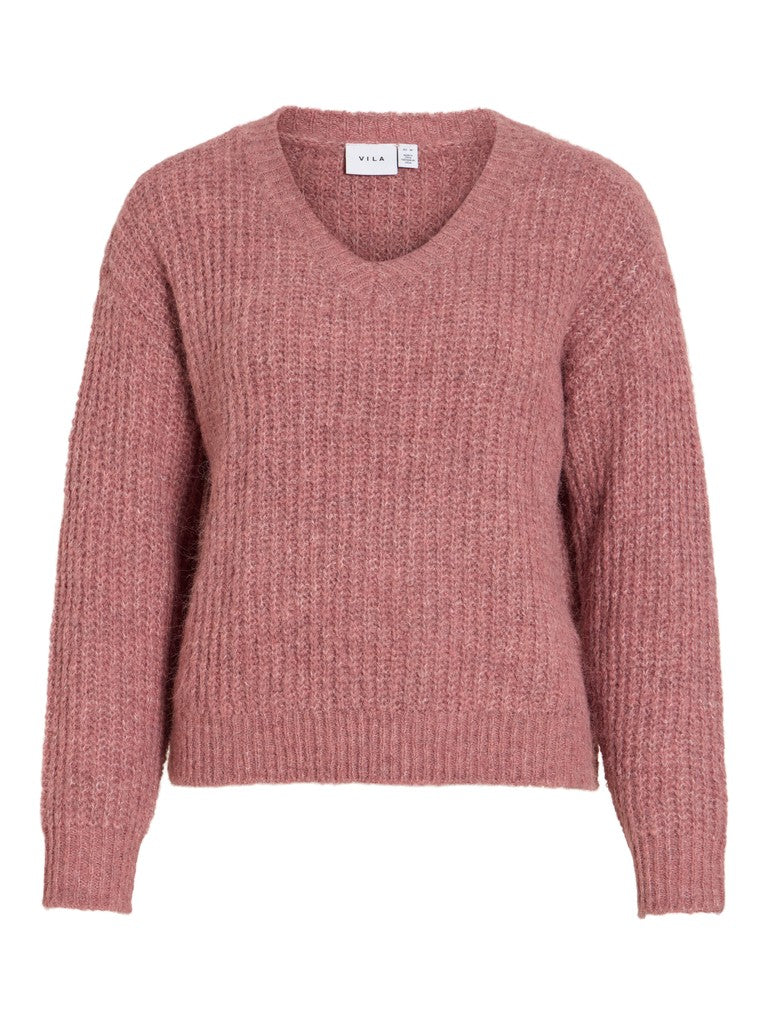 Vila Strickshirt V-Ausschnitt Langarm Strick Top Nostalgia Rose Melange