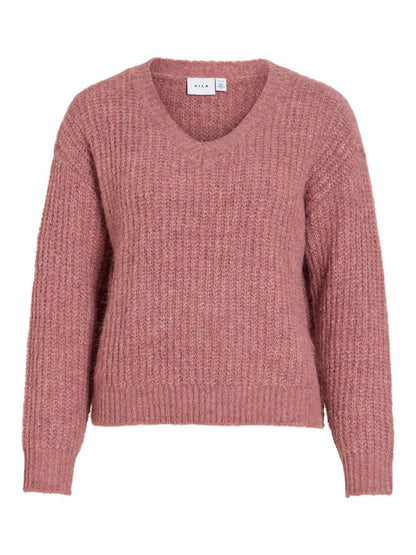 Vila Strickshirt V-Ausschnitt Langarm Strick Top Nostalgia Rose Melange