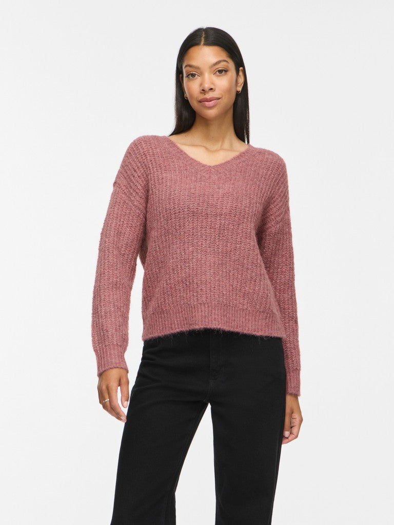 Vila Strickshirt V-Ausschnitt Langarm Strick Top Nostalgia Rose Melange