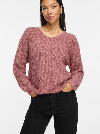Vila Strickshirt V-Ausschnitt Langarm Strick Top Nostalgia Rose Melange