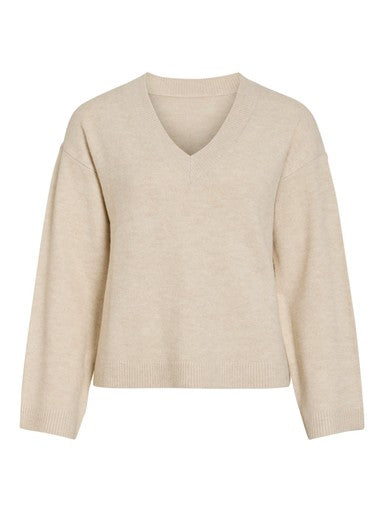 Vila Pullover Langarm Wendbar V-Ausschnitt Strick Top Birch Melange