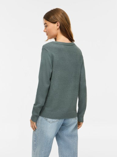Vila Pullover Rundhals Langarm Strick Top Balsam Green Dark Melange