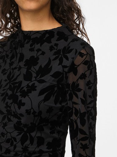 Vila Top Langarm Stehkragen Black Beauty Flock Flower