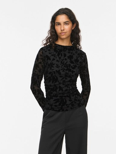Vila Top Langarm Stehkragen Black Beauty Flock Flower