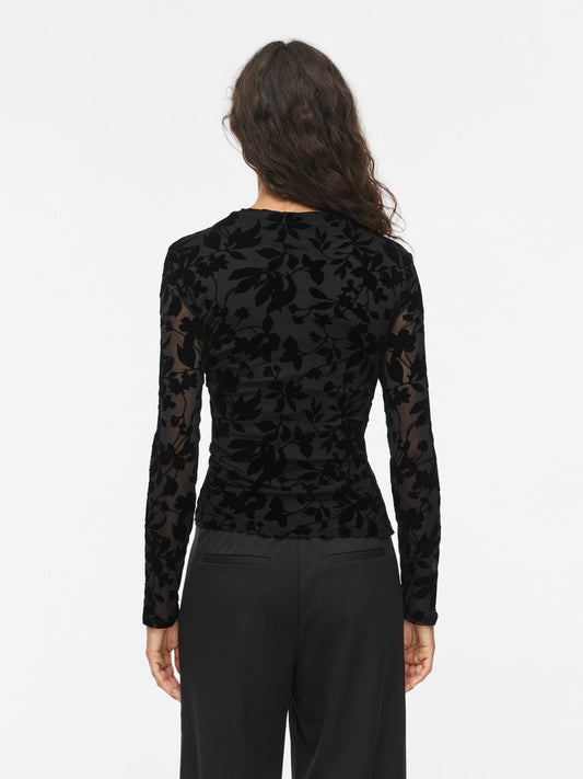 Vila Top Langarm Stehkragen Black Beauty Flock Flower