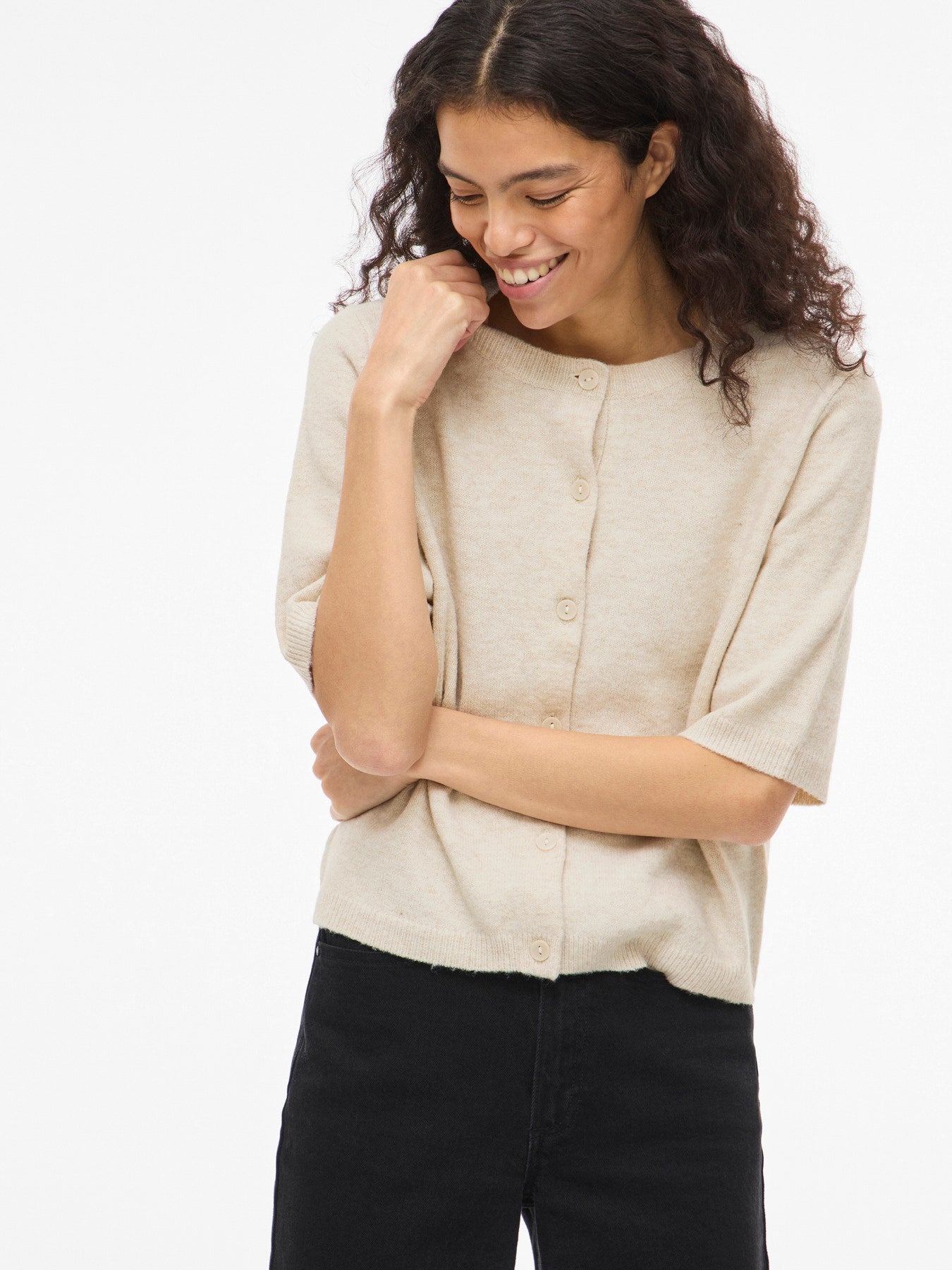 Vila Strickjacke 3/4-Arm Rundhals Strick Cardigan Birch Melange