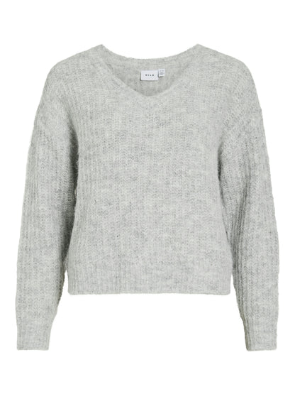 Vila Strickshirt V-Ausschnitt Langarm Strick Top Medium Grey Melange