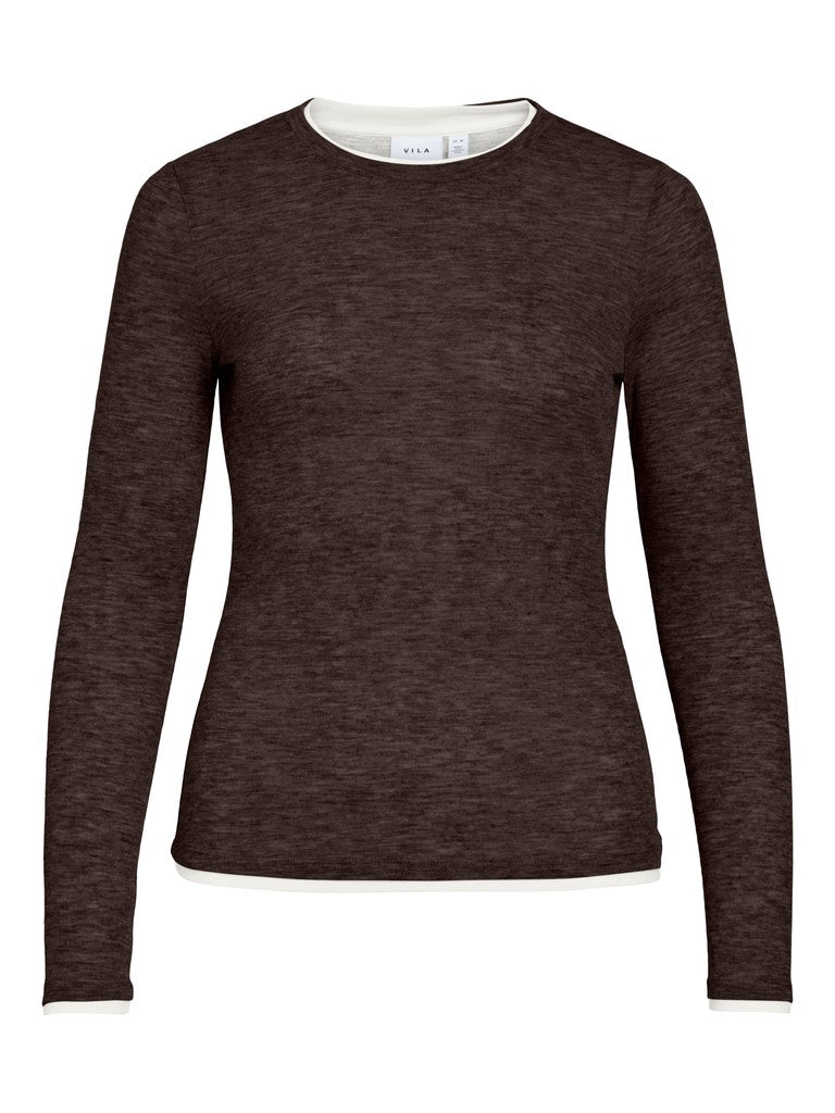 Vila Top Vielianne O-Neck Langarm in Coffee Bean