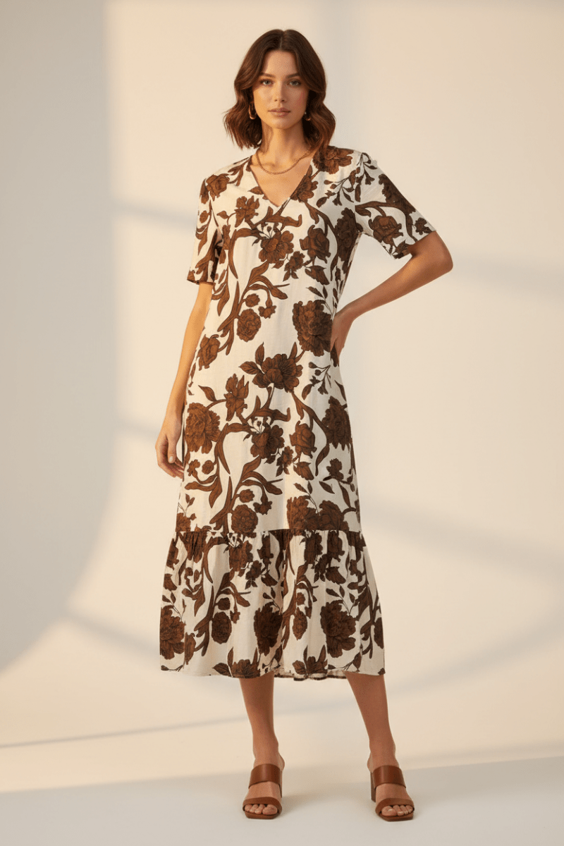 Cartoon Kleid Lang 1/2 Arm in der Farbe Beige
