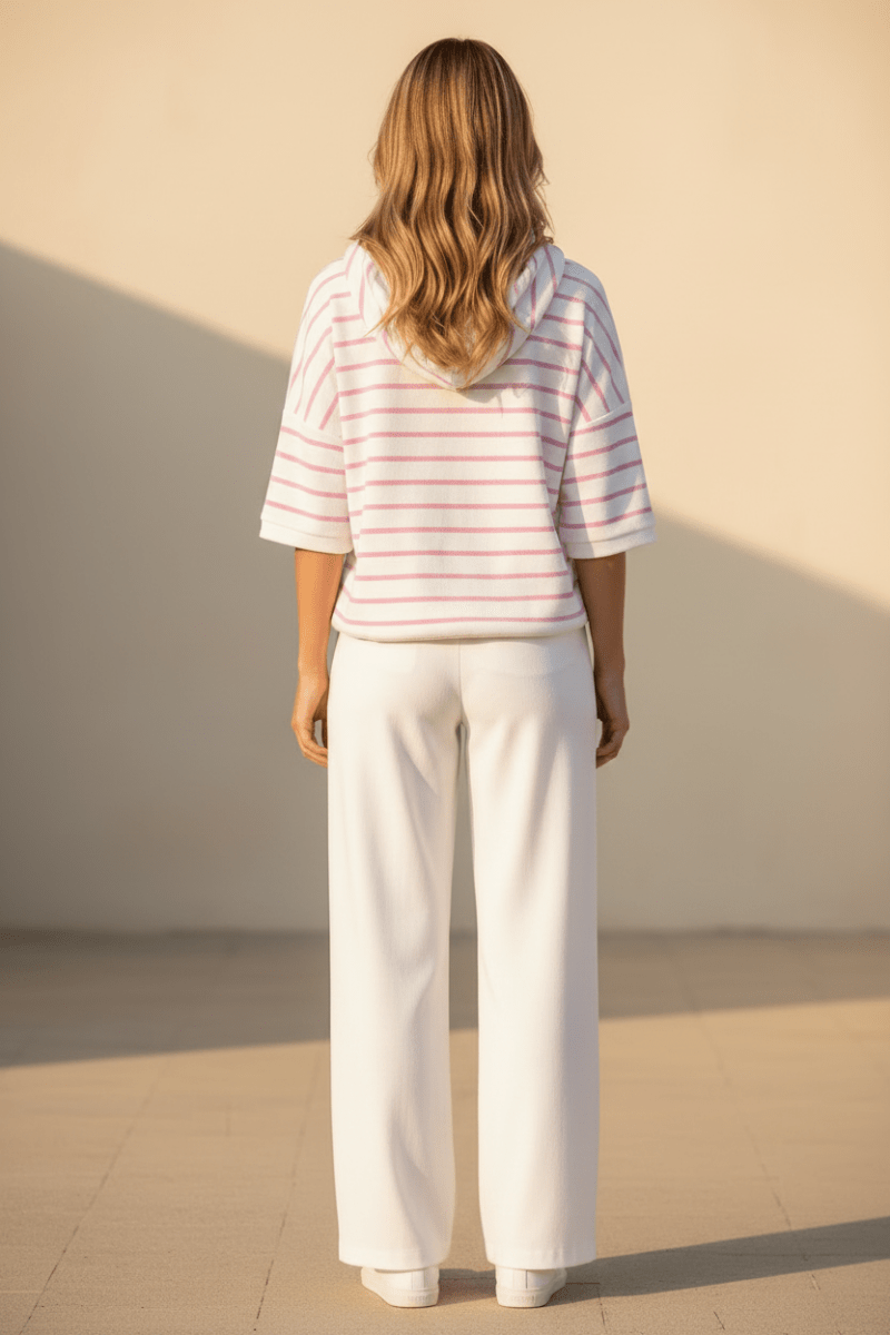 Herrlicher Smila Hoody Shortsleeve Jersey Velour Striped Shirt für Damen in Rosa