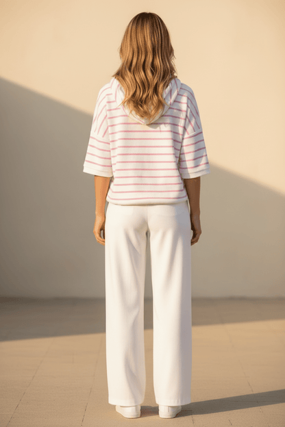 Herrlicher Smila Hoody Shortsleeve Jersey Velour Striped Shirt für Damen in Rosa
