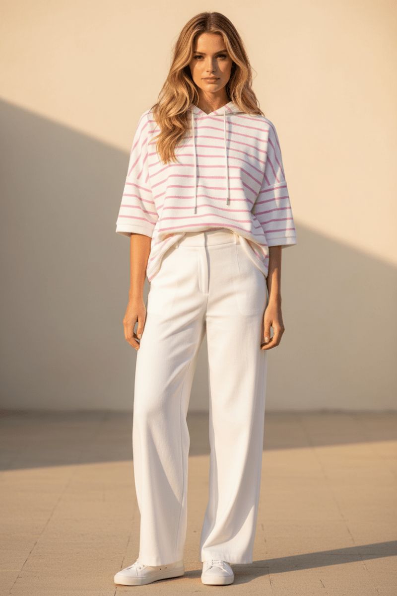 Herrlicher Smila Hoody Shortsleeve Jersey Velour Striped Shirt für Damen in Rosa