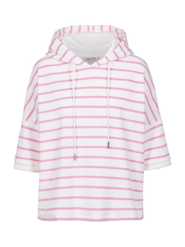 Herrlicher Smila Hoody Shortsleeve Jersey Velour Striped Shirt für Damen in Rosa