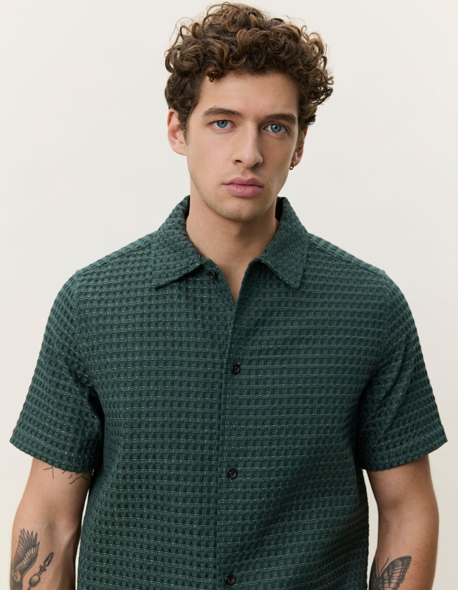 Les Deux Check Seersucker SS Shirt Hemd Loose in Grün für Herren