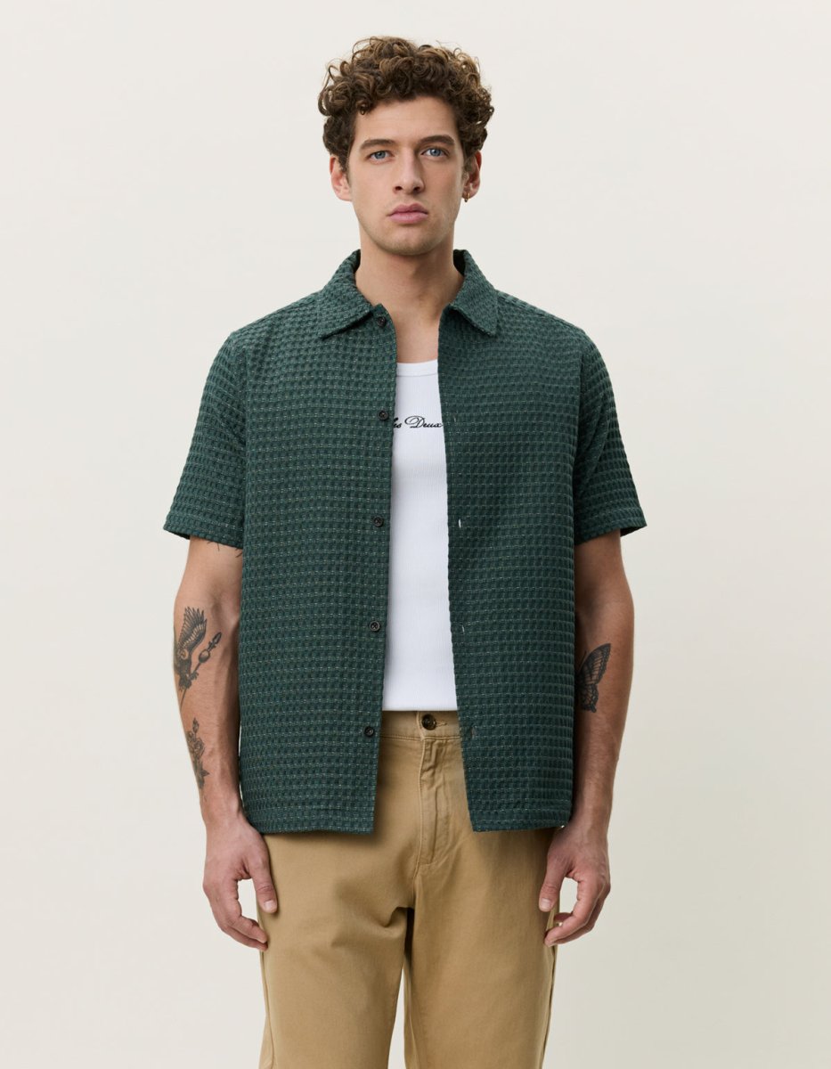Les Deux Check Seersucker SS Shirt Hemd Loose in Grün für Herren