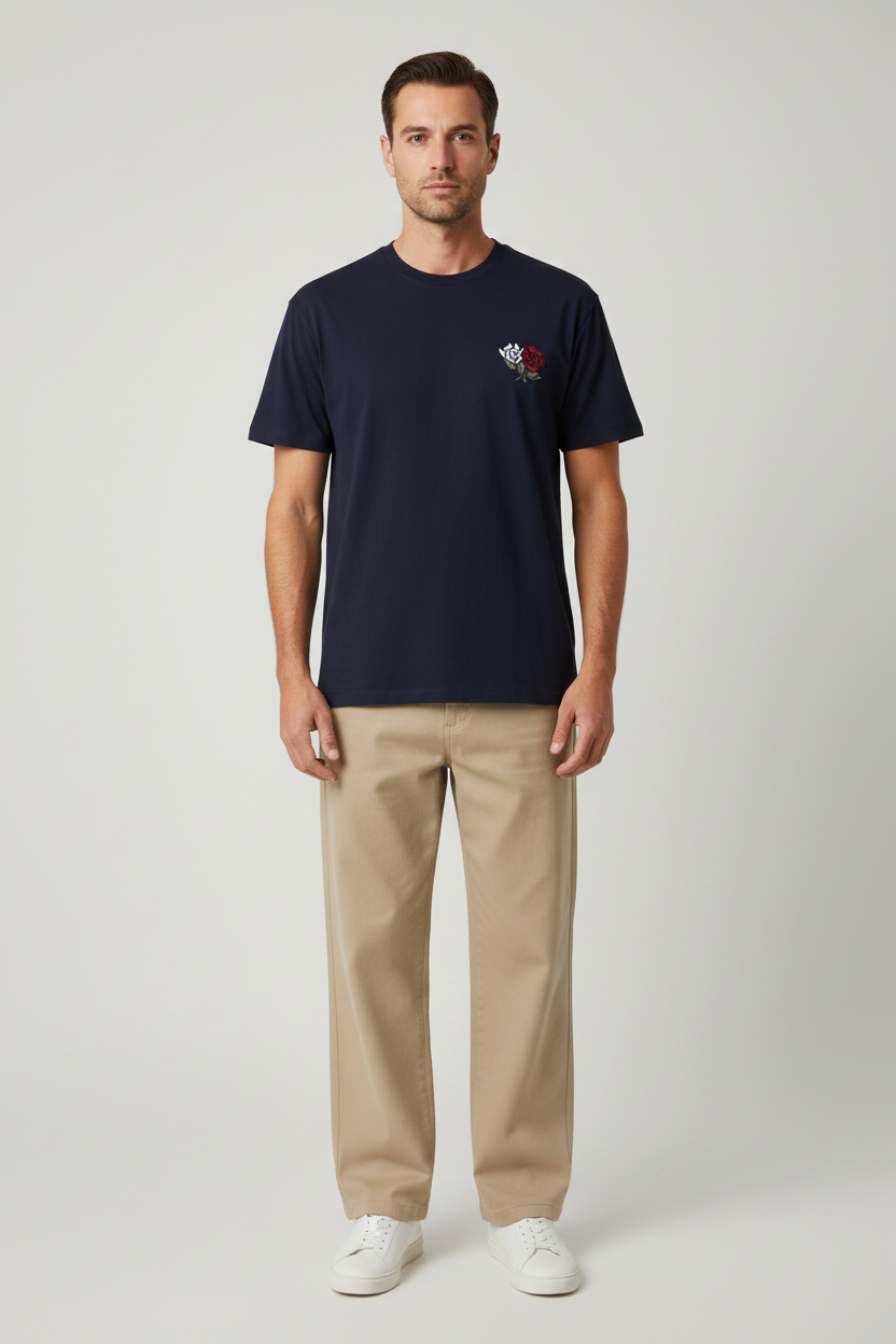Les Deux T-Shirt Felipe in der Farbe Mitternachtsblau mit Rosendruck