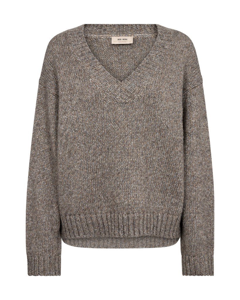 Mos Mosh Strickpullover Welma Glam V-Ausschnitt Dunkelgrau Meliert