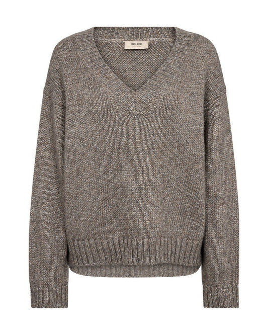 Mos Mosh Strickpullover Welma Glam V-Ausschnitt Dunkelgrau Meliert