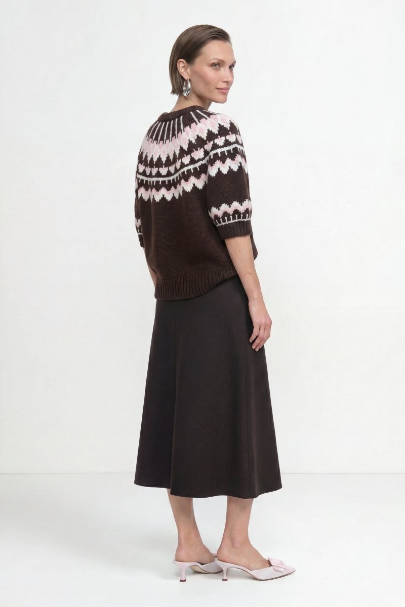 Rich & Royal 2608-107 SH SLVS Jacquard Sweater Chocolate Torte