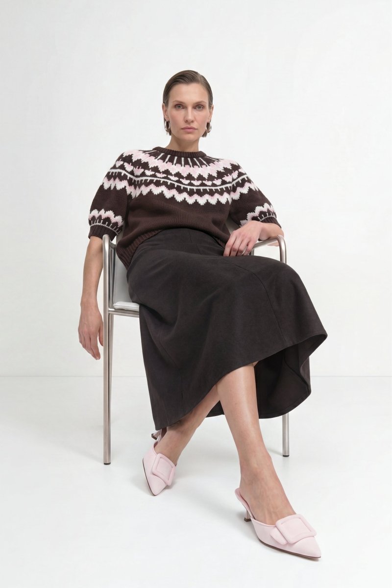 Rich & Royal 2608-107 SH SLVS Jacquard Sweater Chocolate Torte