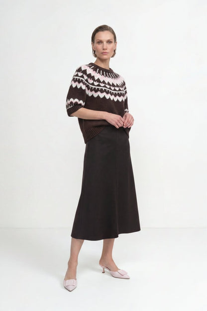 Rich & Royal 2608-107 SH SLVS Jacquard Sweater Chocolate Torte