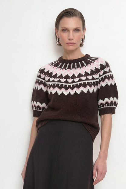 Rich & Royal 2608-107 SH SLVS Jacquard Sweater Chocolate Torte