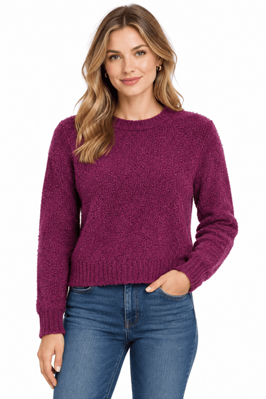 Rich & Royal Bouclé Pullover Crew Neck in Festive Fuchsia
