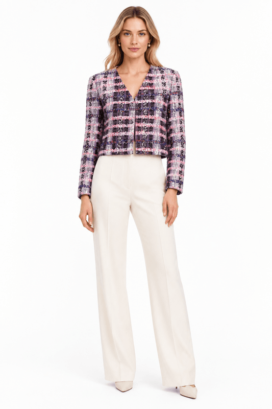 Rich & Royal Cropped Bouclé Jacke mit V-Ausschnitt in Evening Lilac