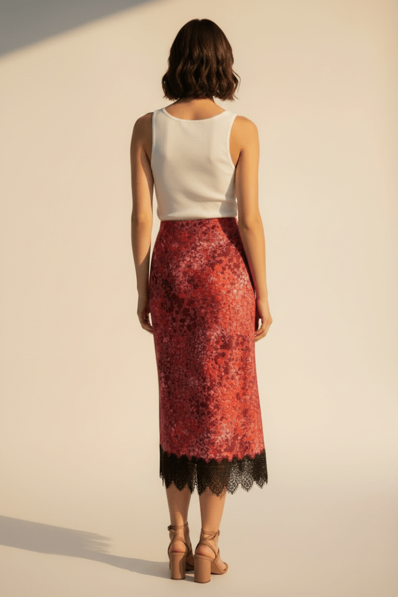 RICHROYAL Damen Mode Printed Satin Midi Skirt with Lace in Mulberry