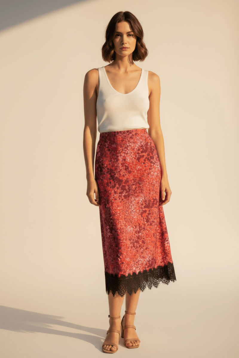 RICHROYAL Damen Mode Printed Satin Midi Skirt with Lace in Mulberry