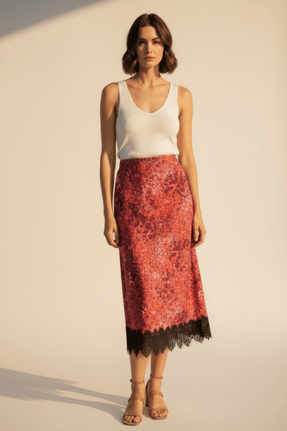 RICHROYAL Damen Mode Printed Satin Midi Skirt with Lace in Mulberry