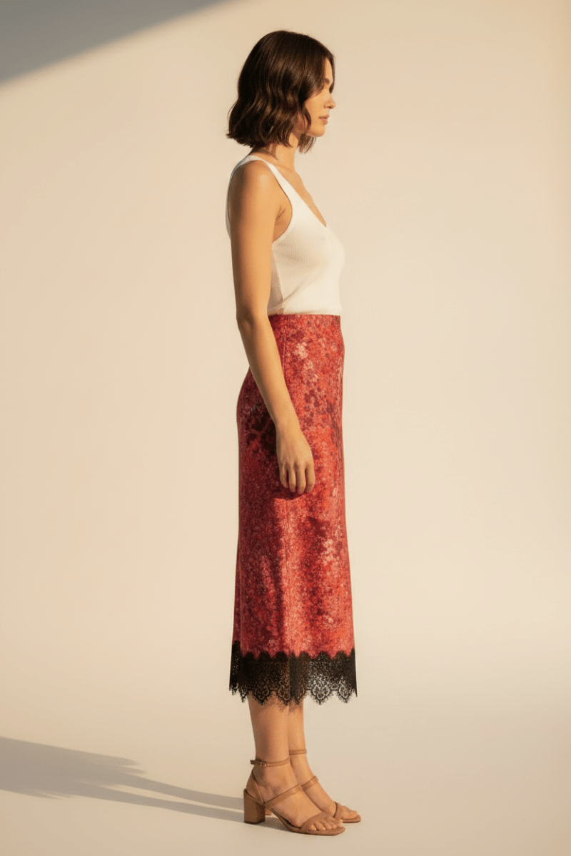 RICHROYAL Damen Mode Printed Satin Midi Skirt with Lace in Mulberry