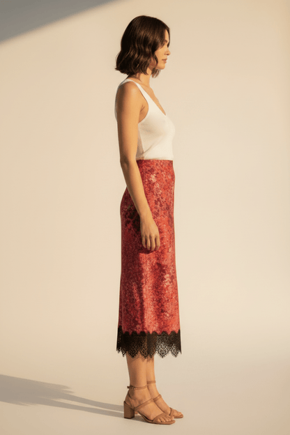 RICHROYAL Damen Mode Printed Satin Midi Skirt with Lace in Mulberry