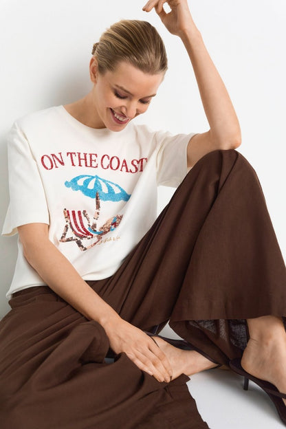 Rich & Royal Damen T-Shirt mit Coast - Applikation in pearl white