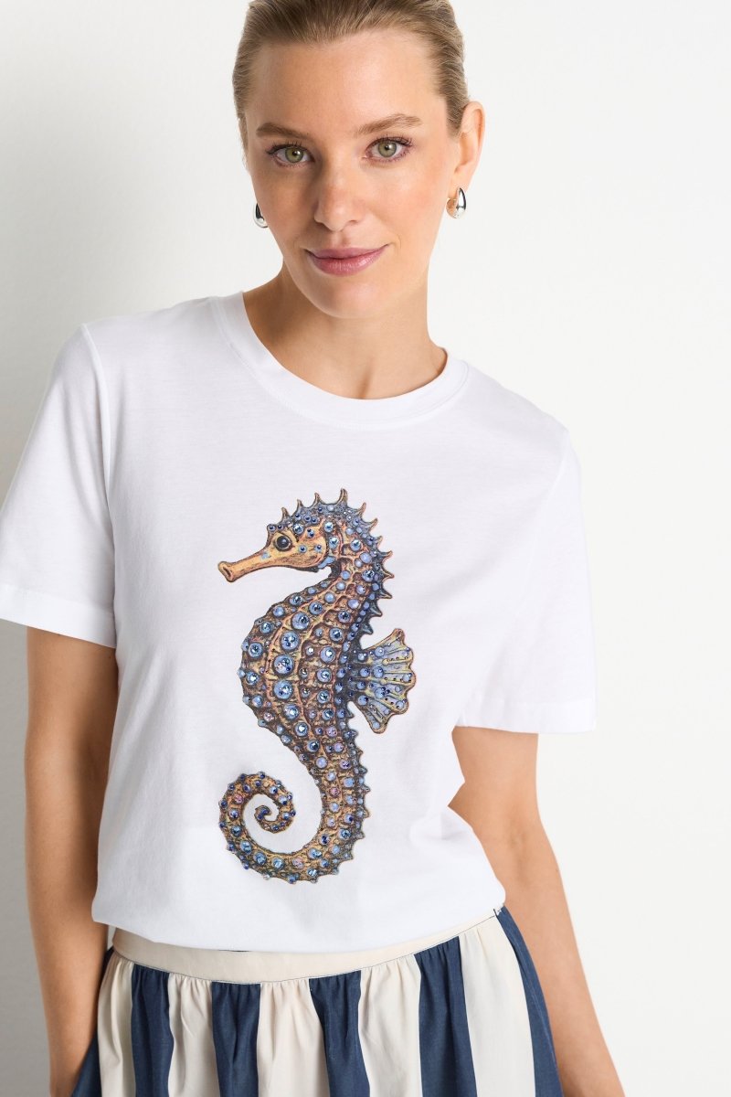 Rich & Royal Damen T-Shirt mit Seahorse - Motiv in white