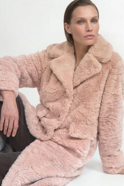 Rich & Royal Long Faux Fur Coat in Powder Rosé