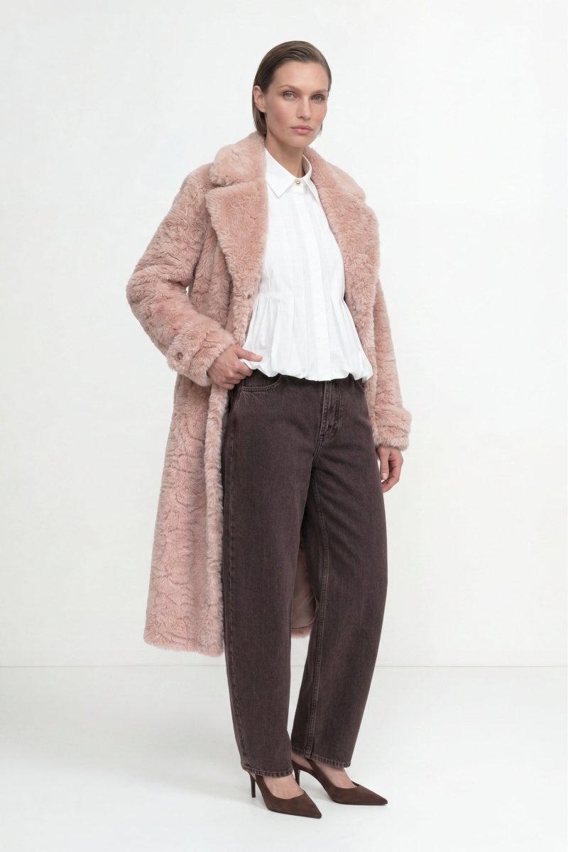 Rich & Royal Long Faux Fur Coat in Powder Rosé