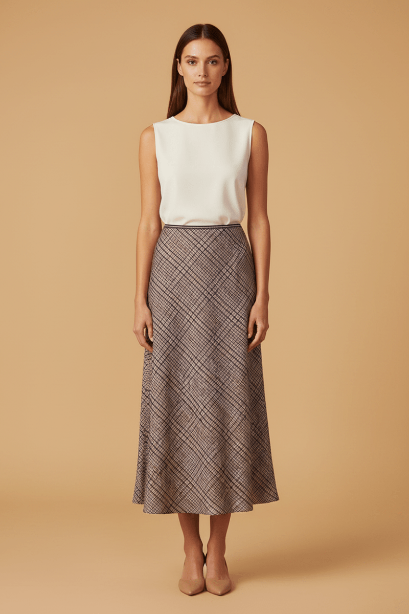 RICHROYAL Printed Satin Midi Skirt with Check hazel