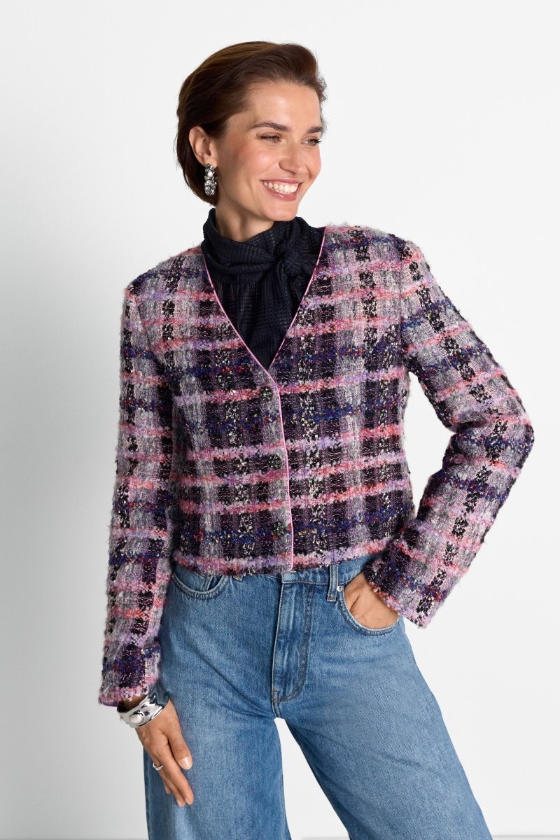 RICHROYAL Cropped Bouclé Jacke mit V-Ausschnitt in Evening Lilac