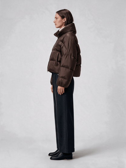 RICHROYAL Glänzende Cropped Oversize Steppjacke in Coffee Bean