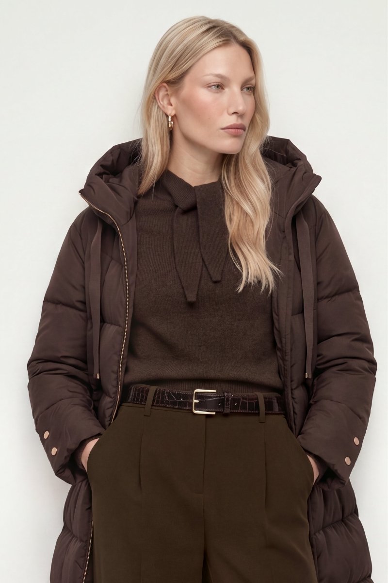 RICHROYAL Hooded Midilength Puffer Jacket in Coffee Bean