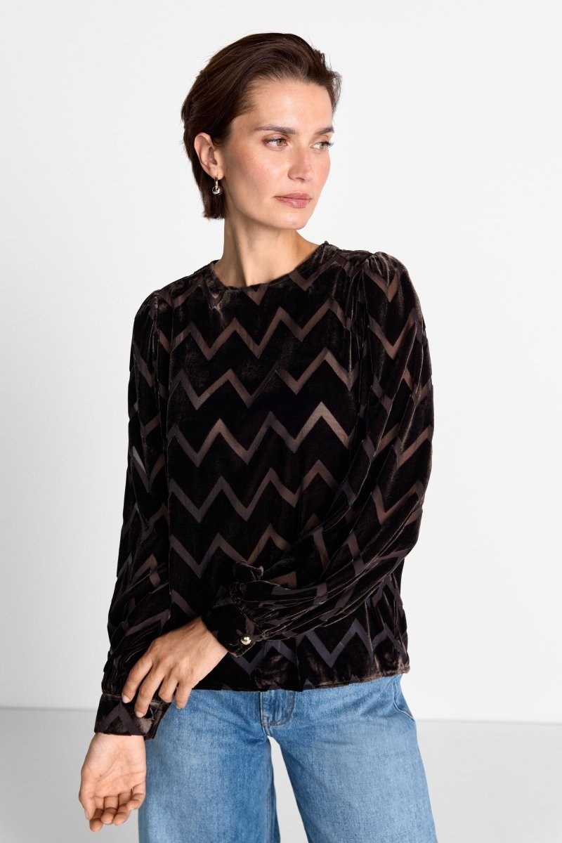 RICHROYAL Zigzag-Bluse mit Stehkragen in Chocolate Torte