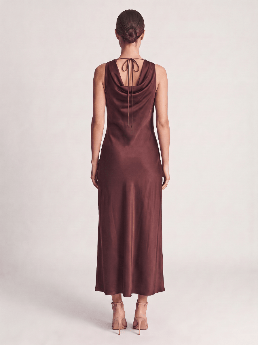 Rouge Edit ROUSHYRAS COWL NECK MAXI DRESS/EV Bitter Chocolate