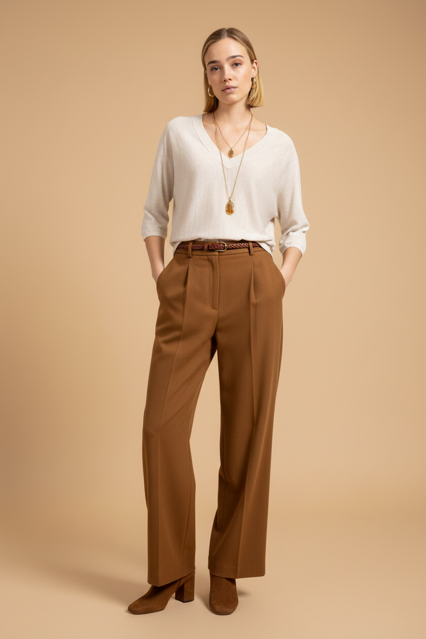 YAYA V-Ausschnitt-Pullover mit Dreiviertelärmeln und Nahtverzierungen Beige Melange